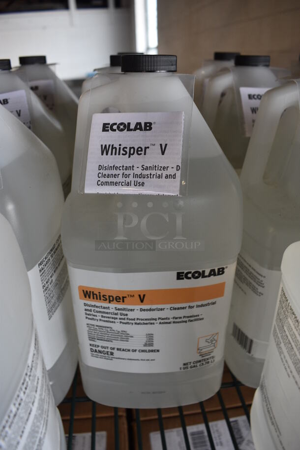 4 BRAND NEW! Ecolab Whisper V Disinfectant Sanitizer, Deodorizer Cleaner for Industrial and Commercial Use. 6x6x12. 4 Times Your Bid!