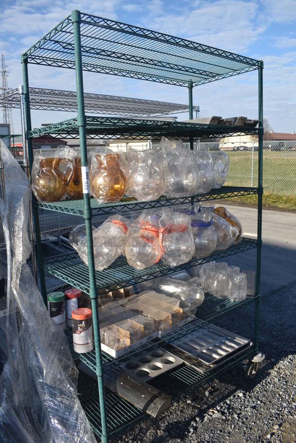 Metro Green Finish 6 Tier Wire Shelving Unit on Commercial Casters w/ Contents Including Poly Urns. BUYER MUST DISMANTLE. PCI CANNOT DISMANTLE FOR SHIPPING. PLEASE CONSIDER FREIGHT CHARGES. 48x24x80