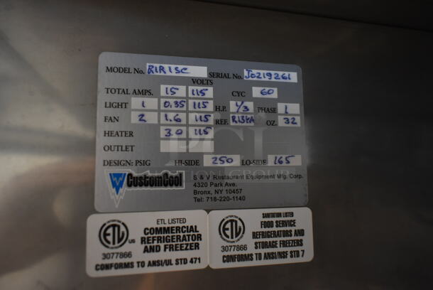CustomCool RIR1SC Stainless Steel Commercial Single Door Reach In Cooler w/ Poly Coated Racks. 115 Volts, 1 Phase. Cannot Test Due To Cut Power Cord - Image 7 of 7