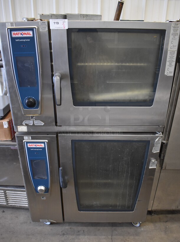 2 2016 Rational Stainless Steel Commercial Combitherm Self Cooking Center Convection Ovens on Commercial Casters. Top Model: SCC WE 62. Bottom Model: SCC WE 102. Picture of Unit Powered on is Included. 480 Volts, 3 Phase. 42x40x73. 2 Times Your Bid!