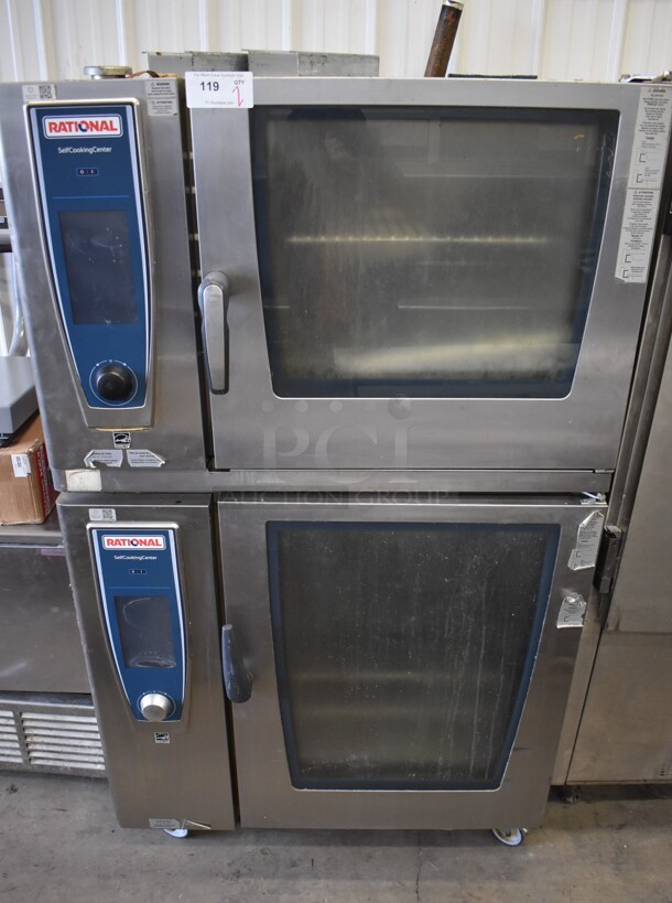 2 2016 Rational Stainless Steel Commercial Combitherm Self Cooking Center Convection Ovens on Commercial Casters. Top Model: SCC WE 62. Bottom Model: SCC WE 102. Picture of Unit Powered on is Included. 480 Volts, 3 Phase. 42x40x73. 2 Times Your Bid! - Image 1 of 9