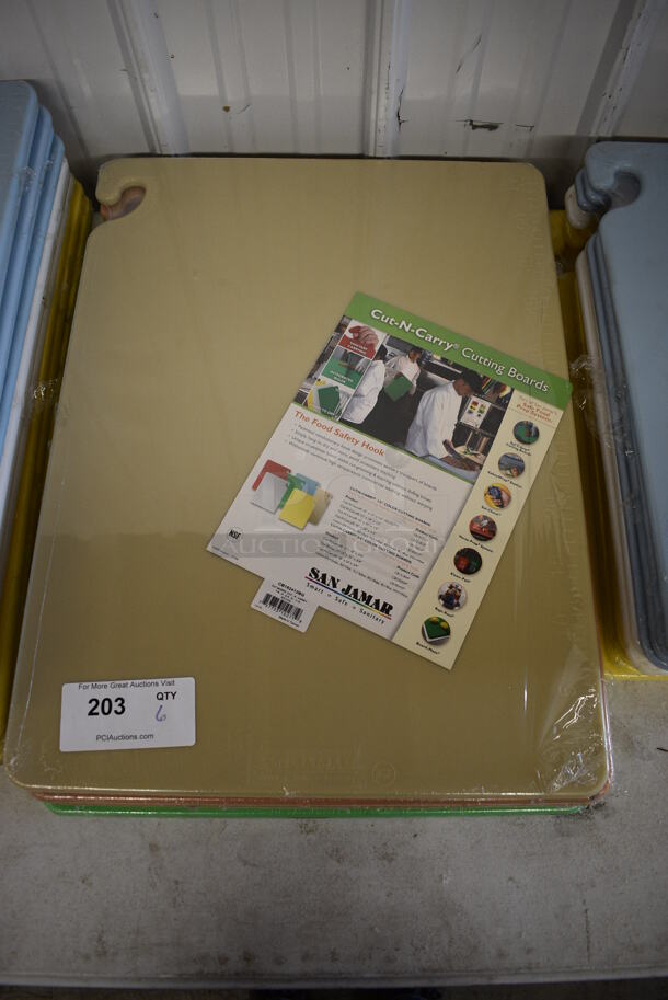 6 BRAND NEW! San Jamar Cutting Boards; 2 Green, 2 Brown and 2 Tan Green. 18x24x1. 6 Times Your Bid!