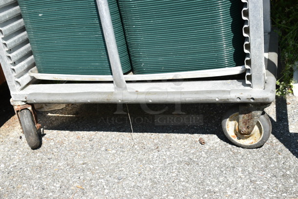 Metal Pan Transport Rack on Commercial Casters w/ Approximately 220 Green Poly Trays.  - Image 2 of 5