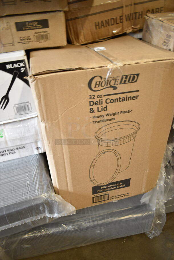 PALLET LOT of 20 BRAND NEW Boxes Including 02122 Marque Napkins, Choice 32 oz Deli Container and Lid, 2 Box Choice Window Sandwich Bakery Bag, 2 Box 433NHT004 Choice Large Size White Plastic T-Shirt, Visoins Black 5" Tasting Forks, 128HD32COMBO ChoiceHD 32 oz. Microwavable Translucent Plastic Deli Container and Lid Combo Pack - 240/Case, 9CPWF Dart White 3 Compartment Famous Service, 760PCC03W Choice White Poly Paper Cold Cup, 5004DNAPWH Choice White Linen-Feel, 500CC20 Choice Clear Plastic Cold Cup, Dart 16RCL Optima White Travel Lid with Reclosable Tab - 1000/Case. 20 Times Your Bid! - Image 9 of 12