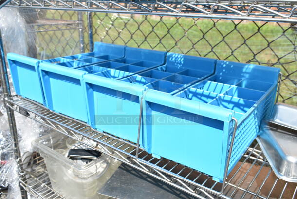 Chrome Finish 5 Tier Shelving Unit w/ Contents Including Blue Silverware Caddies, China Cap Strainers. BUYER MUST DISMANTLE. PCI CANNOT DISMANTLE FOR SHIPPING. PLEASE CONSIDER FREIGHT CHARGES.  - Image 8 of 12