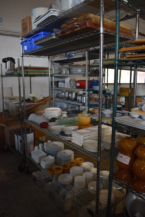 ALL ONE MONEY! Metro Lot of 4 Tiers of Various Items Including Saucers, Plates, Bowls, Mugs, Poly Bins, Wooden Trays. Does Not Include Metro Shelving Unit