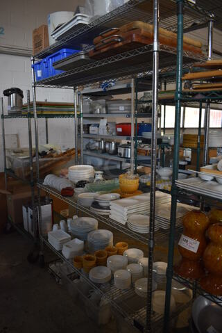 ALL ONE MONEY! Metro Lot of 4 Tiers of Various Items Including Saucers, Plates, Bowls, Mugs, Poly Bins, Wooden Trays. Does Not Include Metro Shelving Unit
