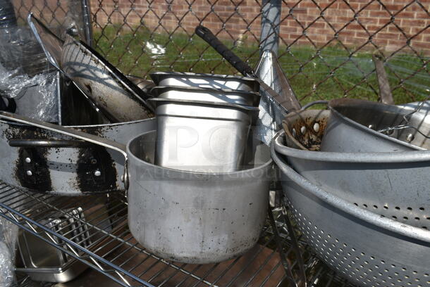 Chrome Finish 4 Tier Shelving Unit w/ Contents Including Stainless Steel Drop In Bins, Colander, Stock Pots. BUYER MUST DISMANTLE. PCI CANNOT DISMANTLE FOR SHIPPING. PLEASE CONSIDER FREIGHT CHARGES.  - Image 4 of 11