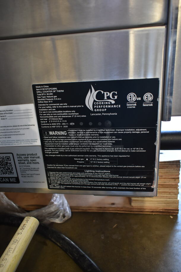 BRAND NEW SCRATCH AND DENT! Cooking Performance Group CPG 351GTCPG36NL Stainless Steel Commercial 36" Gas Countertop Griddle with Flame Failure Protection and Thermostatic Controls. 90,000 BTU - Image 6 of 6