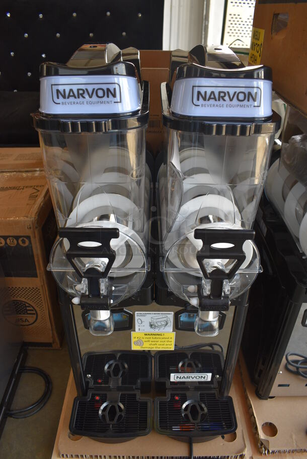 BRAND NEW IN BOX! Narvon Model OASIS 2-10 Metal Commercial Countertop 2 Hopper Slushie Machine. Each Hopper Has 2.6 Gallon Capacity. 120 Volts, 1 Phase. 17x22x33. Tested and Working!