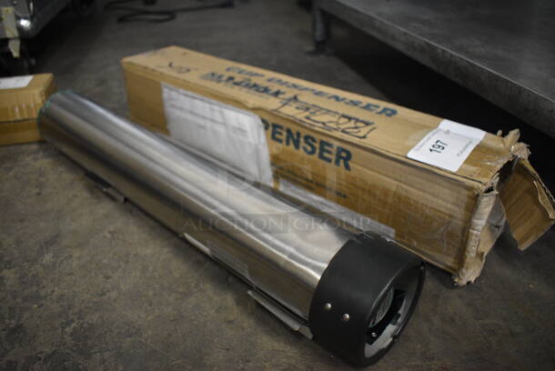 BRAND NEW IN BOX! San Jamar Stainless Steel Cup Dispenser. 4x4x24 - Image 1 of 4