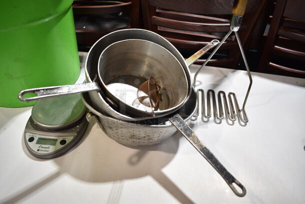 ALL ONE MONEY! Lot of Various Items Including Choice Green Poly Lettuce Spinner, Metal Sauce Pans, Masher and Scale.  - Image 3 of 7