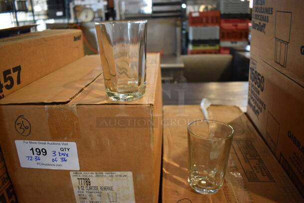 3 Boxes of 36 BRAND NEW Anchor Beverage Glasses; 2 Boxes of 9 oz and 1 Box of 14 oz. 3x3x4.5, 3.5x3.5x5. 3 Times Your Bid!