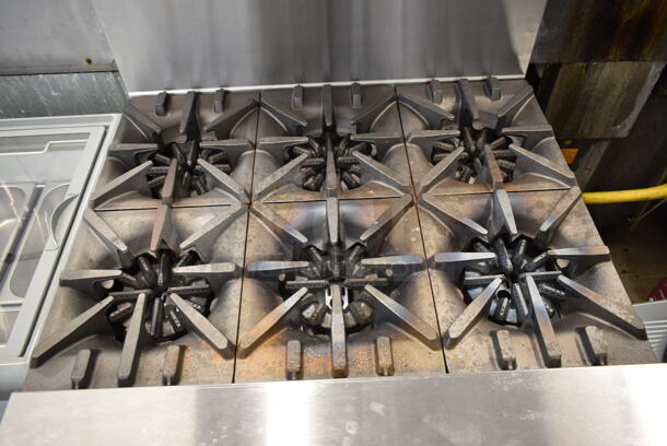 BRAND NEW SCRATCH AND DENT! 2023 Garland G36-6C Stainless Steel Commercial Floor Style Natural Gas Powered 6 Burner Range w/ Convection Oven, Over Shelf and Back Splash.  - Image 2 of 7