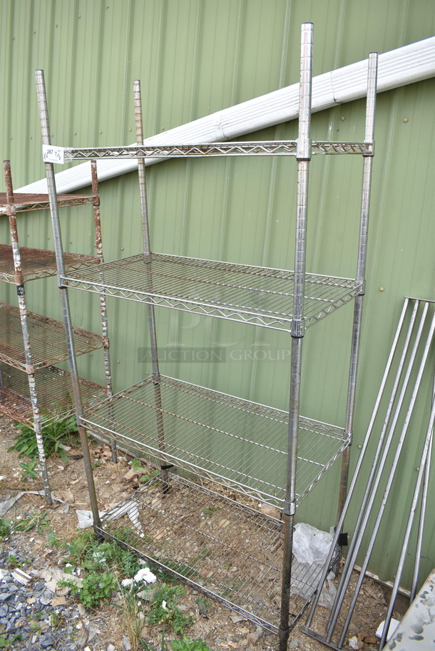 4 Wire Shelving Units; Three Chrome Finish 4 Tier and One Black Finish 5 Tier. 14x18x71, 48x18x72, 60x24x49, 36x18x72. 4 Times Your Bid! BUYER MUST DISMANTLE. PCI CANNOT DISMANTLE FOR SHIPPING. PLEASE CONSIDER FREIGHT CHARGES. - Image 2 of 5