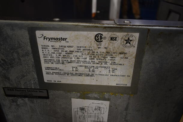 2014 Frymaster FMPH355SC Stainless Steel Commercial Floor Style 3 Bay Deep Fat Fryer w/ Fry Basket Hanging Station and 14 Metal Fry Baskets on Commercial Casters. 80,000 BTU. Unit Was Working When Removed. - Image 12 of 12