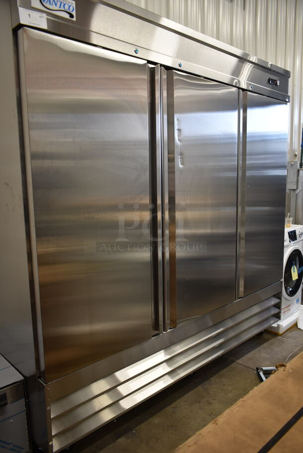 BRAND NEW SCRATCH AND DENT! 2023 Avantco 178SS3FHC Stainless Steel Commercial 3 Door Reach In Freezer w/ Poly Coated Racks on Commercial Casters. 115 Volts, 1 Phase. Tested and Working! - Image 3 of 11