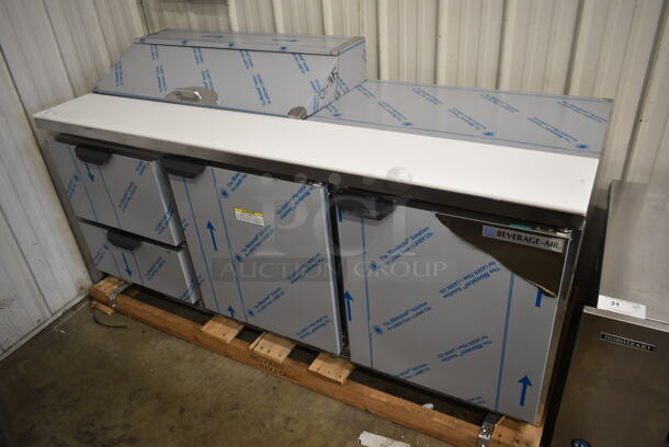 BRAND NEW SCRATCH AND DENT! Beverage Air SPED72HC-10-2 Stainless Steel Commercial Sandwich Salad Prep Table Bain Marie Mega Top w/ Poly Drop In Bins and Commercial Casters. 115 Volts, 1 Phase. Tested and Powers On But Does Not Get Cold - Image 1 of 11