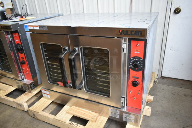 BRAND NEW SCRATCH AND DENT! Vulcan VC5ED ENERGY STAR Stainless Steel Commercial Electric Powered Full Size Convection Oven w/ View Through Doors, Metal Oven Racks and Thermostatic Controls. 240 Volts, 3/1 Phase. Tested and Working! - Image 1 of 5