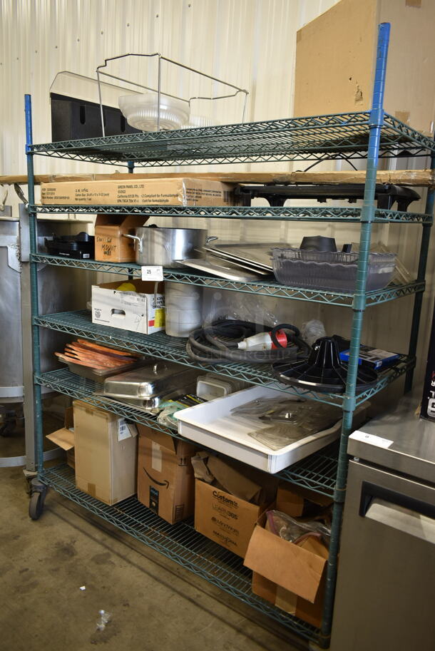 ALL ONE MONEY! Lot of Various Items on Shelving Unit Including Dough Bin, Drop In Bin Lids, Metal Stock Pot and Electric Griddle. Does Not Include Shelving Unit.