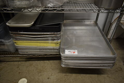 ALL ONE MONEY! Lot of 48 Various Metal Baking Pans and Poly Trays. Includes 18x26x1