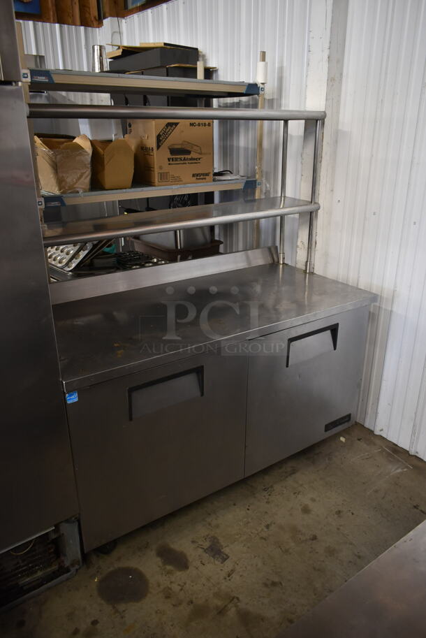2014 True TWT-60 Stainless Steel Commercial 2 Door Work Top Cooler w/ 2 Tier Over Shelf on Commercial Casters. 115 Volts, 1 Phase. Tested and Working! - Image 1 of 8