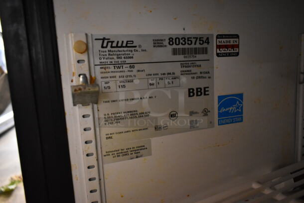 2014 True TWT-60 Stainless Steel Commercial 2 Door Work Top Cooler w/ 2 Tier Over Shelf on Commercial Casters. 115 Volts, 1 Phase. Tested and Working! - Image 7 of 8