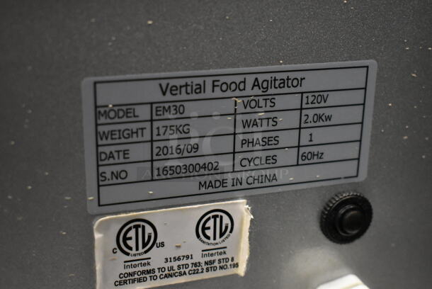 2016 Doyon EM30 Metal Commercial Floor Style 30 Quart Planetary Dough Mixer w/ Stainless Steel Mixing Bowl and Bowl Guard. 120 Volts, 1 Phase. Tested and Powers On But Parts Do Not Move - Image 7 of 7