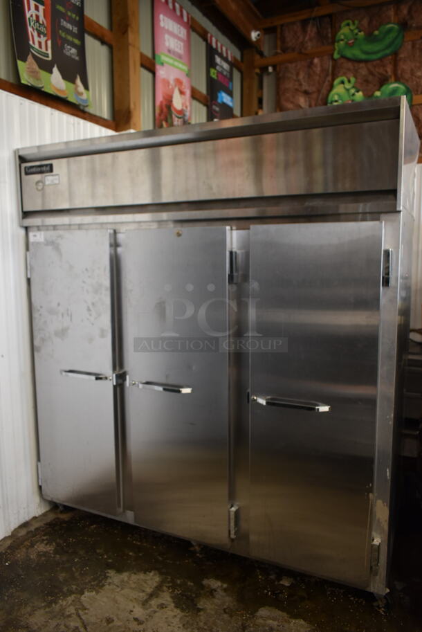 Continental 3F Stainless Steel Commercial 3 Door Reach In Freezer on Commercial Casters. 115/208-230 Volts, 1 Phase. 