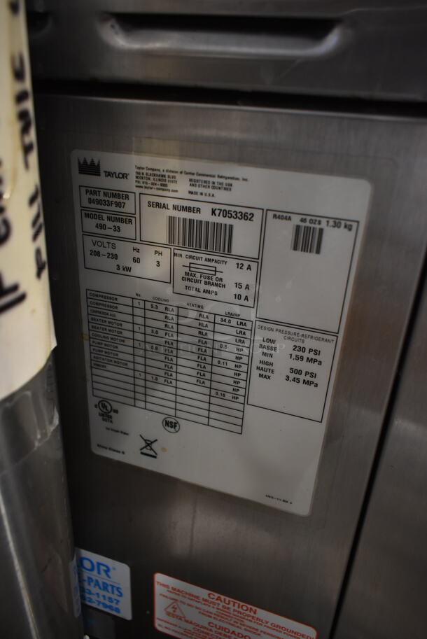 Taylor 490-33 Stainless Steel Commercial Countertop Single Flavor Ice Cream Machine w/ Milkshake Mixing Attachment. 208-230 Volts, 3 Phase. - Image 4 of 5