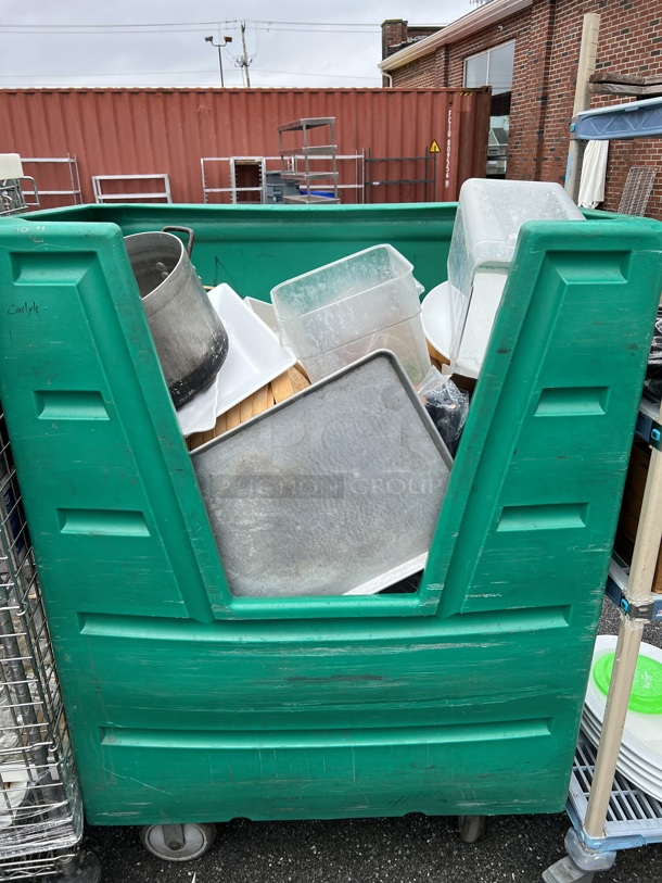 Green Poly Portable Bin on Commercial Casters w/ Contents Including Stock Pot and Poly Bins. 48x26x65