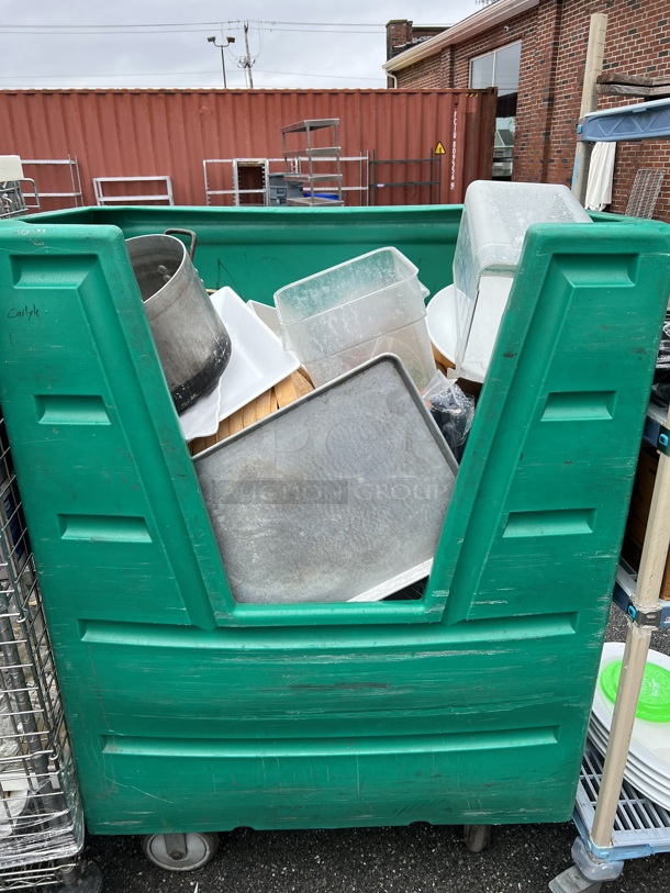 Green Poly Portable Bin on Commercial Casters w/ Contents Including Stock Pot and Poly Bins. 48x26x65 - Image 1 of 9