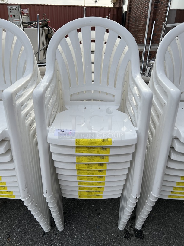 10 BRAND NEW SCRATCH AND DENT! Grosfillex 49092004 / US092004 Pacific White Fanback Stacking Resin Armchair. 23x21x35.5. 10 Times Your Bid!