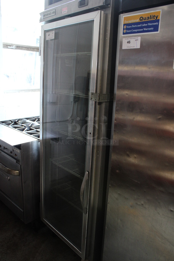 Beverage Air Model HR1-1G Stainless Steel Commercial Single Door Reach In Cooler Merchandiser w/ Poly Coated Racks on Commercial Casters. 115 Volts, 1 Phase. 26x34x84. Tested and Powers On But Temps at 50 Degrees - Image 3 of 6