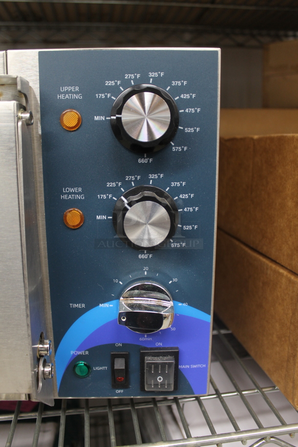 BRAND NEW SCRATCH AND DENT! 2022 Hoocoo CMO-1 Stainless Steel Commercial Countertop Electric Powered Pizza Oven w/ Broken Cooking Stone and Thermostatic Controls. 120 Volts, 1 Phase. - Image 2 of 5