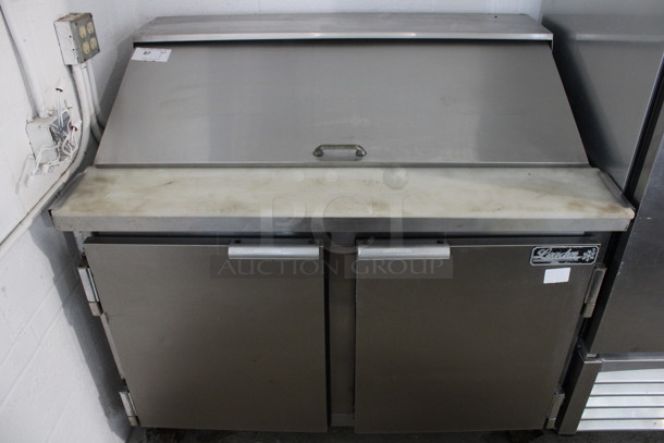 Leader Stainless Steel Commercial Sandwich Salad Prep Table Bain Marie Mega Top on Commercial Casters. 115 Volts, 1 Phase. 48x32x45. Tested and Powers On But Temps at 45 Degrees