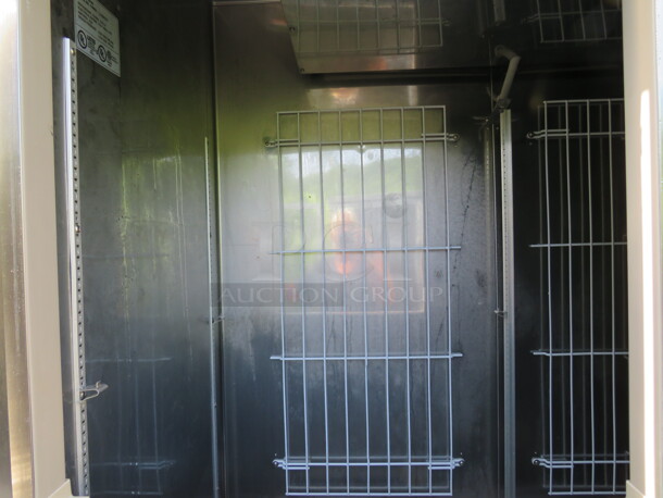 One WORKING Stainless Steel 2 Door Masterbilt Freezer With 4 Solid Doors, And 4 Shelves on Casters. Model# F49SH. 115 Volt. 55X31X84 - Image 3 of 4