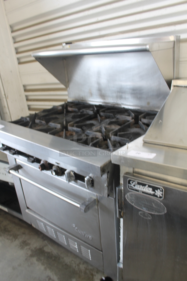 Garland SunFire SX-6-26 Stainless Steel Commercial Natural Gas Powered 6 Burner Range w/ Oven, Over Shelf and Back Splash.  - Image 4 of 9