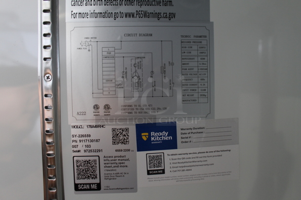 BRAND NEW SCRATCH AND DENT! 2022 Avantco 178A49RHC Stainless Steel Commercial 2 Door Reach In Cooler w/ Poly Coated Racks on Commercial Casters. 115 Volts, 1 Phase. Tested and Working! - Image 6 of 8