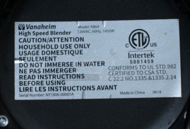 Vanaheim Model KB64 Metal Commercial Countertop Blender w/ Pitcher. 120 Volts, 1 Phase. 8x9x19. Tested and Does Not Power On - Image 4 of 4