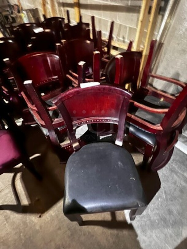 Four Wood Framed Chairs W/Black Seats 19X18X33.  4 Times Your Bid!
