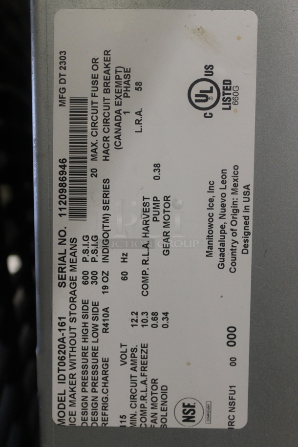 BRAND NEW SCRATCH AND DENT! 2023 Manitowoc IDT0620A-161 Indigo NXT Stainless Steel Commercial Dice Ice Machine. 115 Volts, 1 Phase. 560 lb. - Image 6 of 6