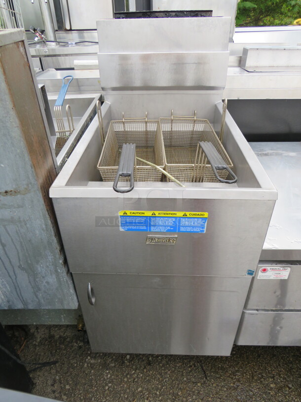 One SS Frialator Natural Gas 65lb Deep Fryer With 2 Baskets On Casters. Model# 65S. 20X34X47 - Image 1 of 2