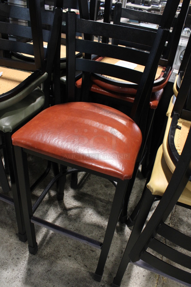 2 Black Metal Bar Height Chairs w/ Red Seat Cushion. 17x16x43. 2 Times Your Bid! - Image 2 of 3