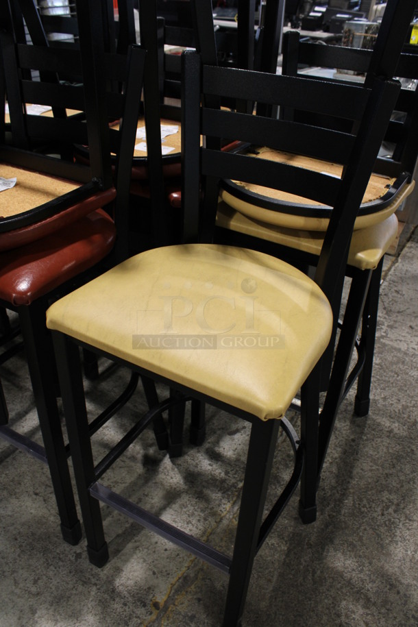 2 Black Metal Bar Height Chairs w/ Yellow/Tan Seat Cushion. 17x16x43. 2 Times Your Bid! - Image 2 of 3