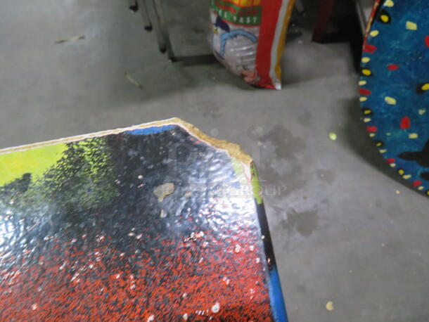 One 30X30X30 Abstract Painted  Table Top On A Pedestal Base. Chipped Corner See Pic. - Image 2 of 3