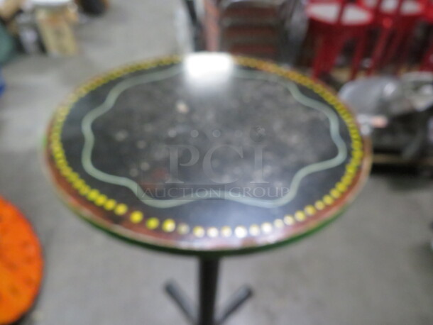 One 24X24X342 Abstract Round Painted  Table Top On A Bar Height Pedestal Base.  - Image 1 of 1