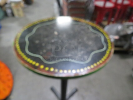 One 24X24X342 Abstract Round Painted  Table Top On A Bar Height Pedestal Base. 