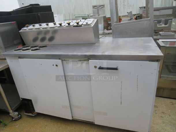 One Beverage Air 2 Door Cooler With 2 Racks, And A Top  9 Topping Holder, On Casters. Model# MS68. 115 Volt. Working Not Cold. 69X27.5X51 - Image 1 of 3