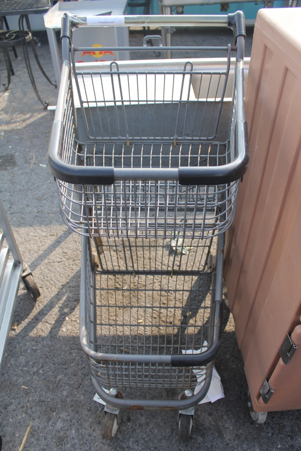 Commercial Two-Tier Metal Express Shopping Cart With Third Basket on Commercial Casters. 